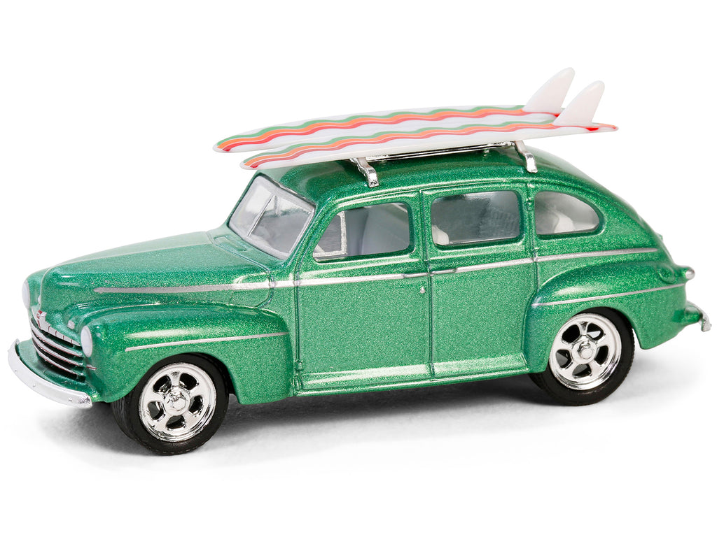 1946 Ford Fordor Super Deluxe Green Metallic with White Interior and Roof Rack with Surfboards "The Hobby Shop" Series 16 1/64 Diecast Model Car by Greenlight - image 2