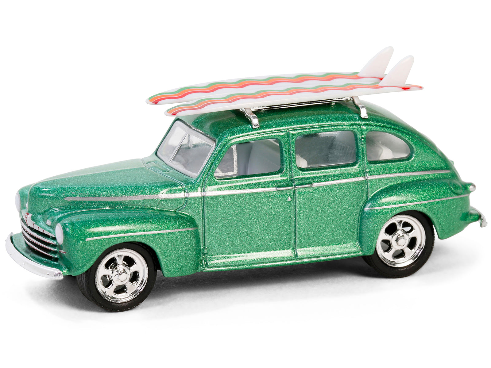 1946 Ford Fordor Super Deluxe Green Metallic with White Interior and Roof Rack with Surfboards "The Hobby Shop" Series 16 1/64 Diecast Model Car by Greenlight - image 2