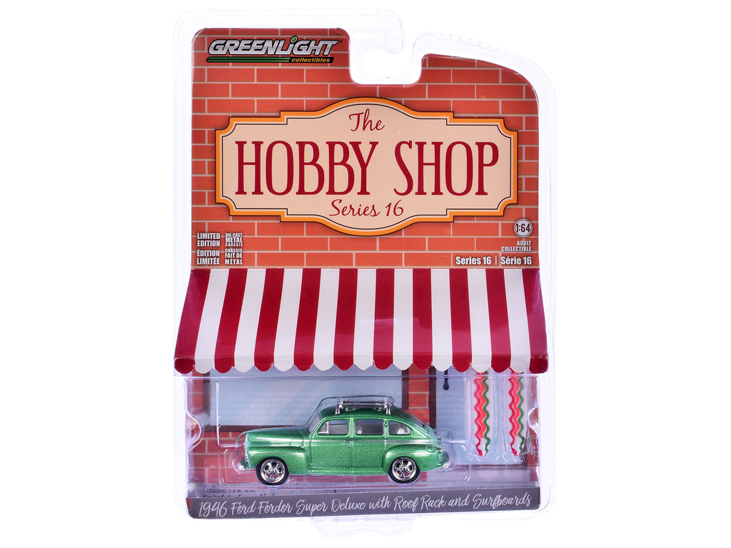1946 Ford Fordor Super Deluxe Green Metallic with White Interior and Roof Rack with Surfboards "The Hobby Shop" Series 16 1/64 Diecast Model Car by Greenlight - image 3