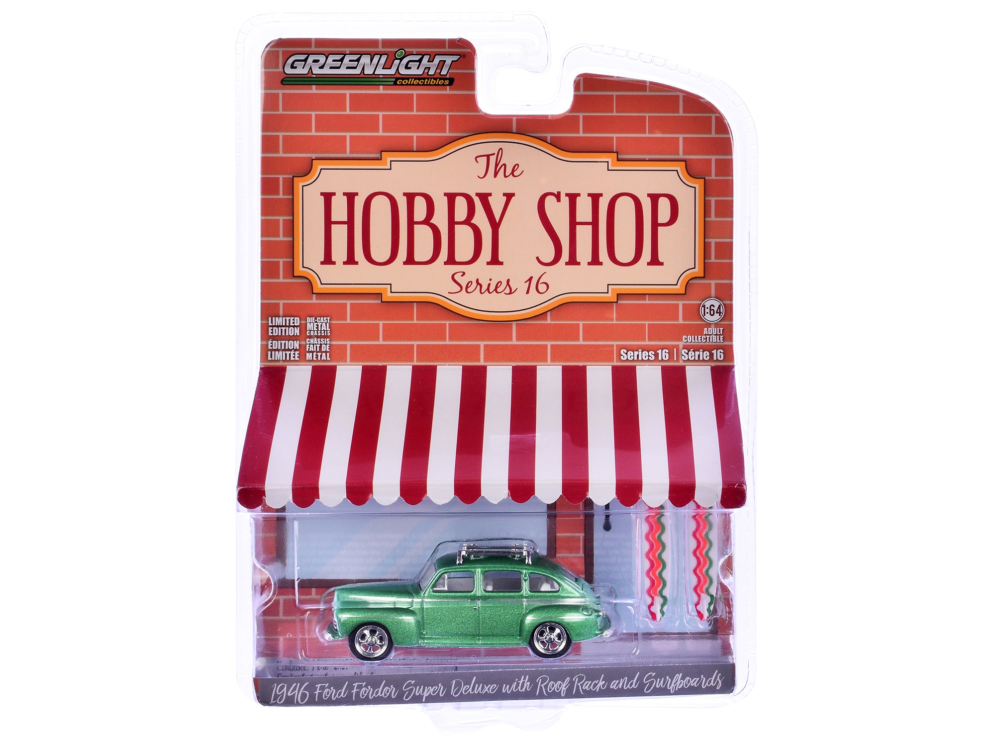 1946 Ford Fordor Super Deluxe Green Metallic with White Interior and Roof Rack with Surfboards "The Hobby Shop" Series 16 1/64 Diecast Model Car by Greenlight - image 3