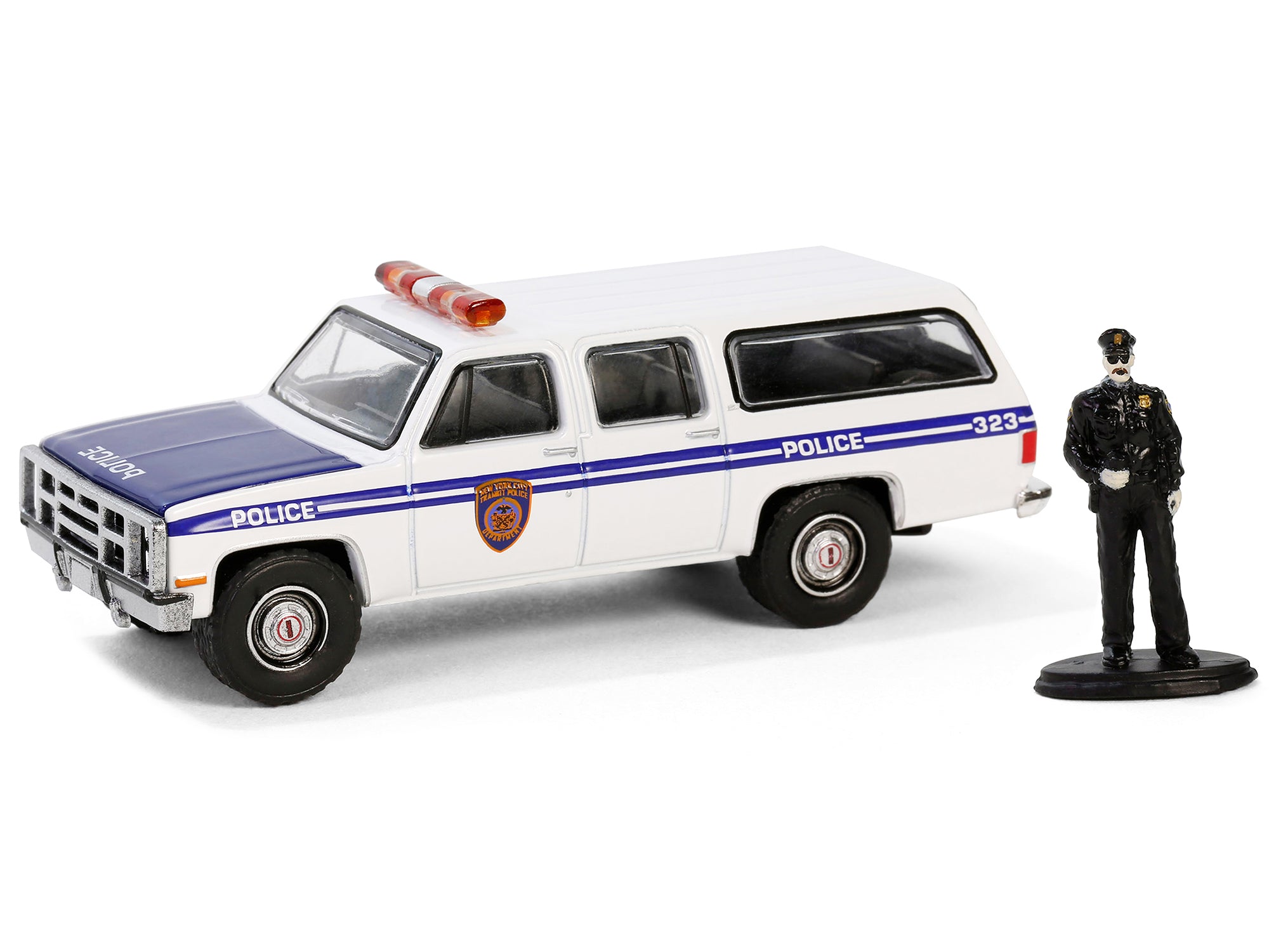 1985 GMC Suburban 2500 "New York City Transit Police Department" White with Blue Stripes and Police Officer Figure "The Hobby Shop" Series 16 1/64 Diecast Model Car by Greenlight - image 2