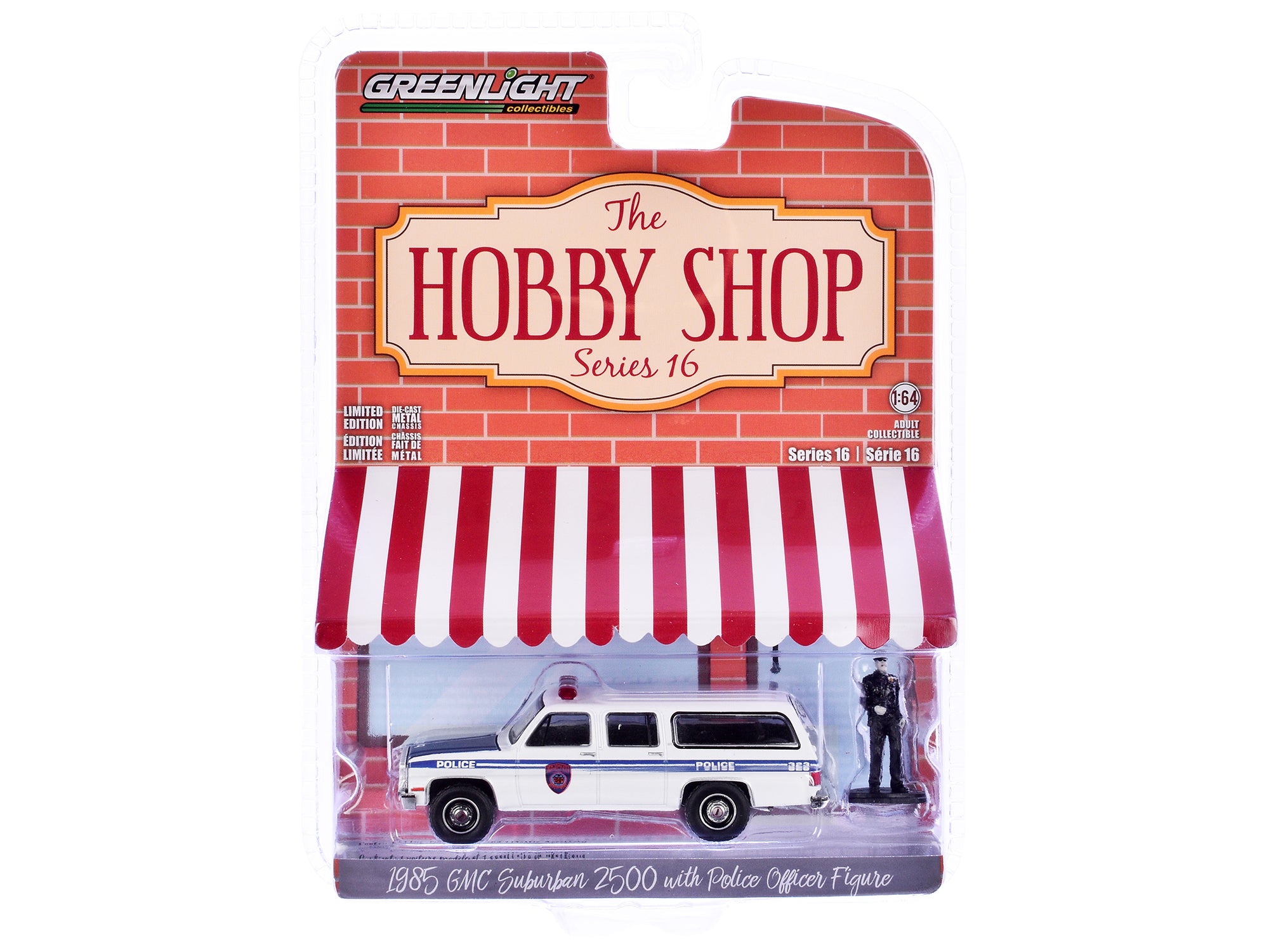 1985 GMC Suburban 2500 "New York City Transit Police Department" White with Blue Stripes and Police Officer Figure "The Hobby Shop" Series 16 1/64 Diecast Model Car by Greenlight - image 3