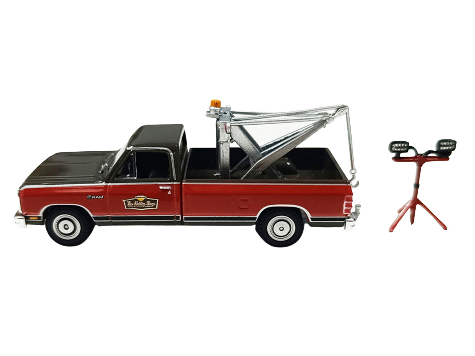 1983 Dodge Ram D-100 Royal SE Tow Truck with Drop-In Tow Hook "Hobby Shop Auto Mechanic" Brown and Red with Work Lights "The Hobby Shop" Series 17 1/64 Diecast Model Car by Greenlight
