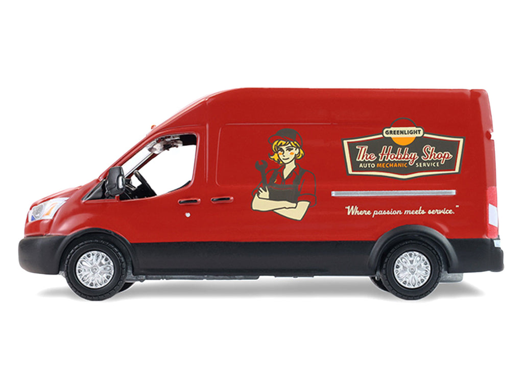 2019 Ford Transit LWB High Roof Van "Hobby Shop Auto Mechanic - Mobile Mechanic" Red with Car Jack and Battery "The Hobby Shop" Series 17 1/64 Diecast Model Car by Greenlight