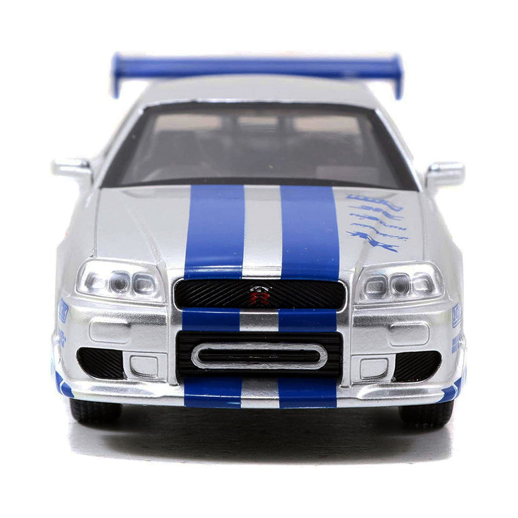 Brian's Nissan Skyline GT-R (R34) RHD (Right Hand Drive) Silver Metallic with Blue Stripes "2 Fast 2 Furious" (2003) Movie "Fast & Furious 25th Anniversary" Series 1/32 Diecast Car Model by Jada