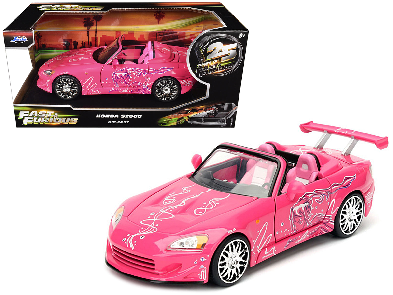 Suki's 2001 Honda S2000 Convertible Pink with Graphics "25 Years of Fast & Furious" "2 Fast 2 Furious" (2003) Movie 1/24 Diecast Model Car by Jada