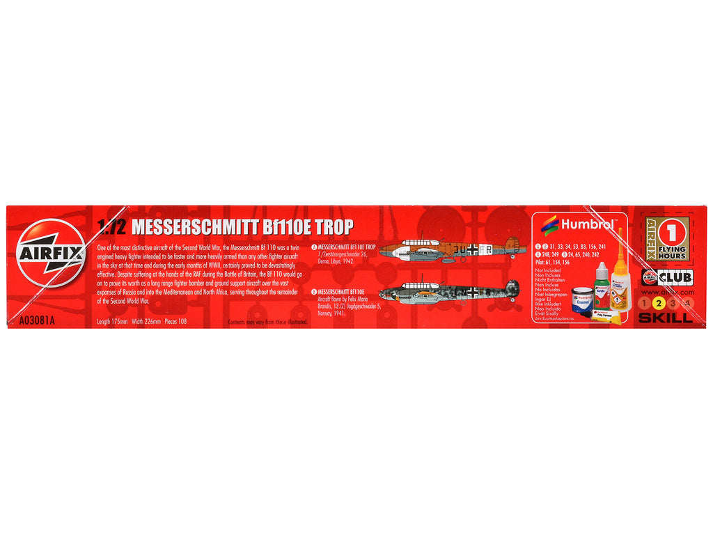 Level 2 Model Kit Messerschmitt Bf110E/E-2 TROP Fighter Aircraft with 2 Scheme Options 1/72 Plastic Model Kit by Airfix - image 2