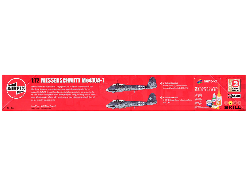 Level 2 Model Kit Messerschmitt Me410A-1 Fighter Aircraft with 2 Scheme Options 1/72 Plastic Model Kit by Airfix - image 2