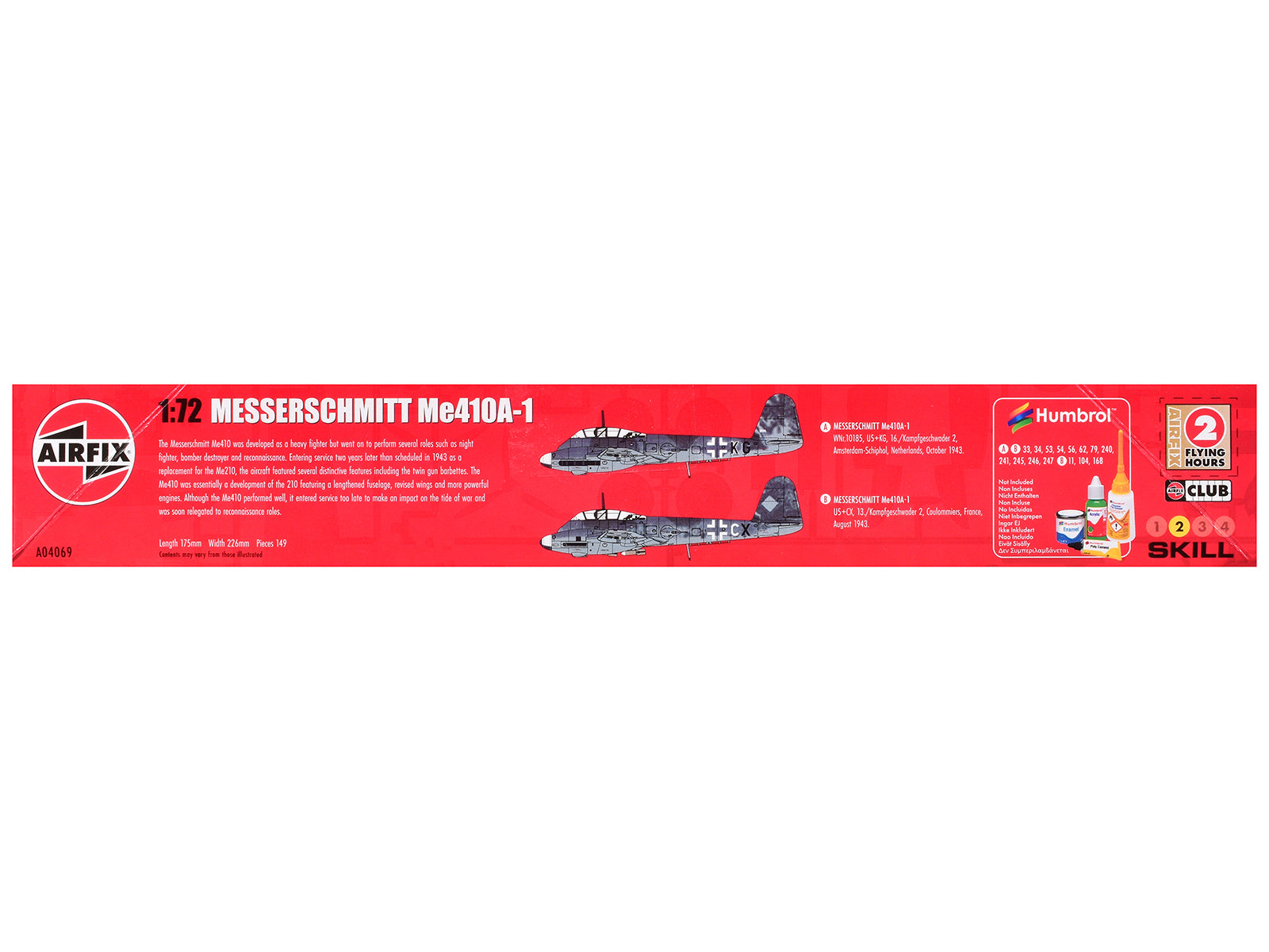 Level 2 Model Kit Messerschmitt Me410A-1 Fighter Aircraft with 2 Scheme Options 1/72 Plastic Model Kit by Airfix - image 2