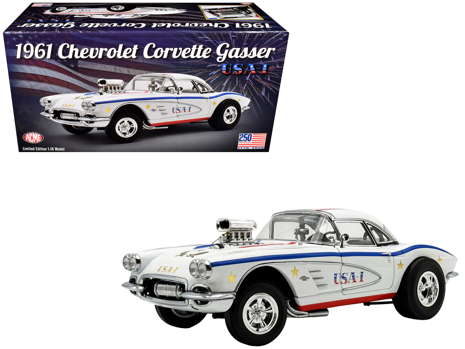 1961 Chevrolet Corvette Grand Sport Gasser "USA-1" White with Blue and Red Stripes Limited Edition to 362 pieces Worldwide 1/18 Diecast Model Car by ACME