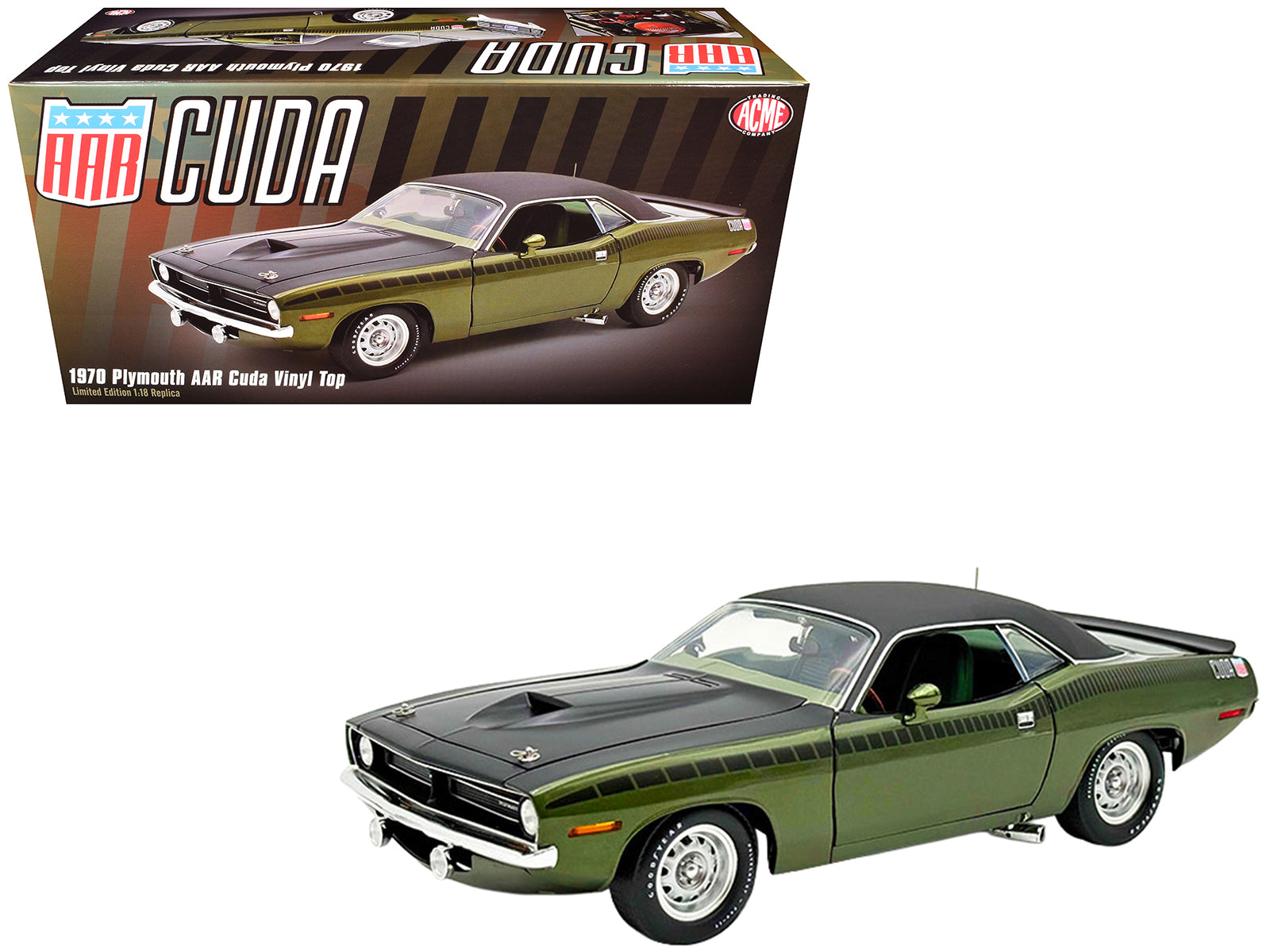 1970 Plymouth AAR Cuda Ivy Green Metallic with Black Stripes and Black Vinyl Top with Green Interior Limited Edition to 448 pieces Worldwide 1/18 Diecast Model Car by ACME