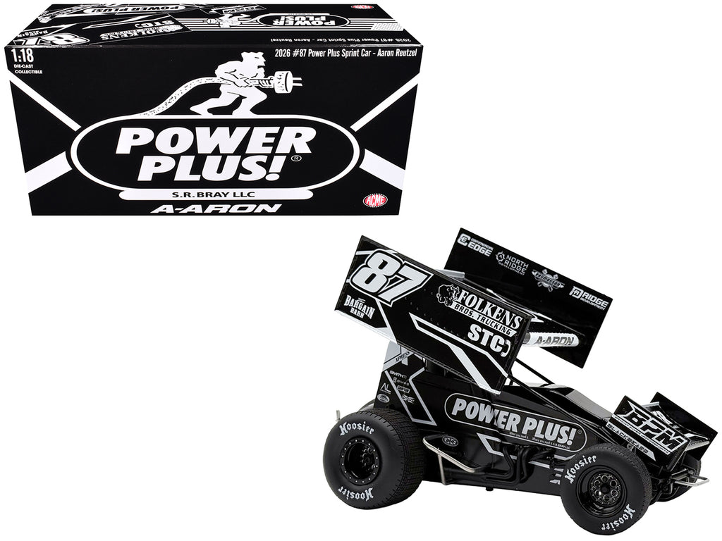 Winged Sprint Car #87 Aaron Reutzel "Power Plus" Black (2026) 1/18 Diecast Model Car by ACME