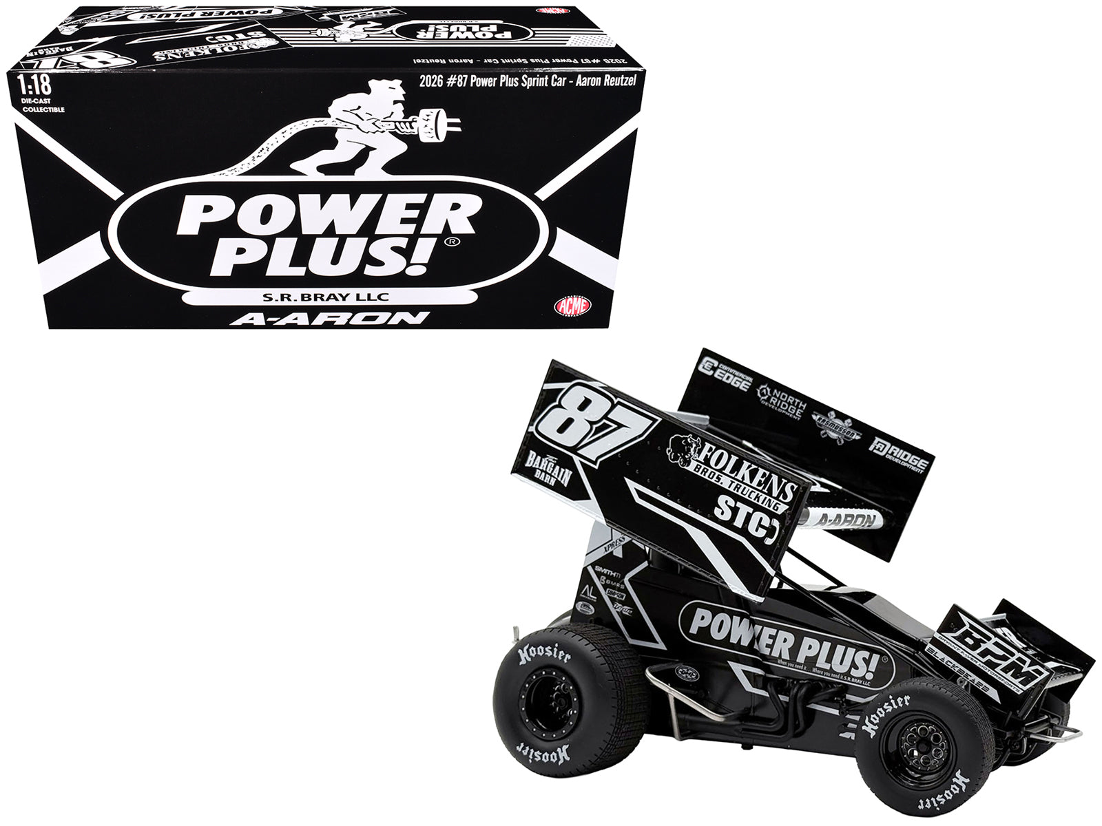 Winged Sprint Car #87 Aaron Reutzel "Power Plus" Black (2026) 1/18 Diecast Model Car by ACME