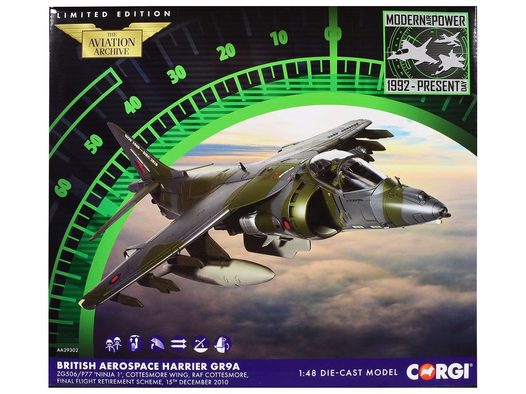 British Aerospace Harrier GR9A Aircraft "ZG506/P77 Ninja 1 RAF Cottesmore Final Flight Retirement Scheme" (2010) Royal Air Force "The Aviation Archive" Series 1/48 Diecast Model by Corgi - image 3