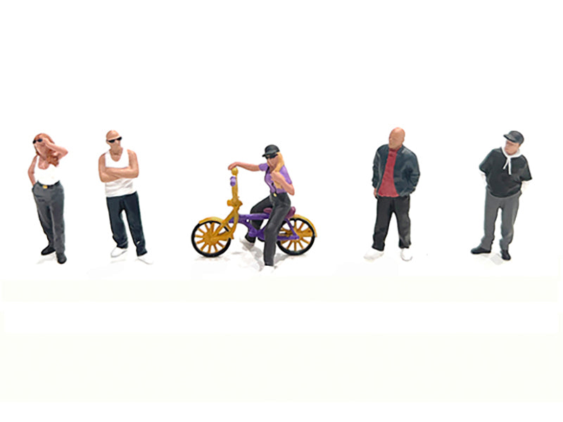 "Lowriders #5" 6 piece (5 People 1 Bicycle) Diecast Figures Set 1/64 Scale Models by American Diorama - image 2