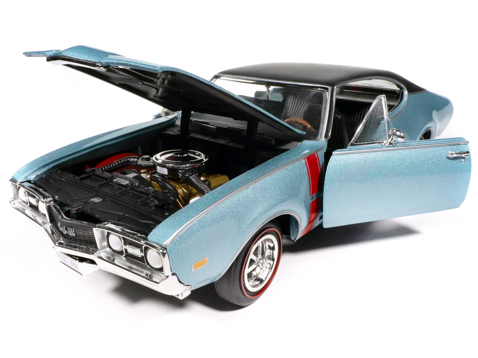 1968 Oldsmobile 442 W30 Holiday Coupe Teal Frost Metallic with Red Stripes and Black Vinyl Top "Hemmings Motor News July 2023 Cover Car" "American Muscle" Series 1/18 Diecast Model Car by Auto World - image 2
