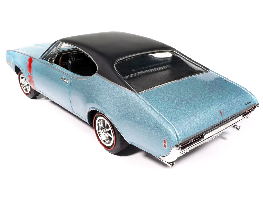 1968 Oldsmobile 442 W30 Holiday Coupe Teal Frost Metallic with Red Stripes and Black Vinyl Top "Hemmings Motor News July 2023 Cover Car" "American Muscle" Series 1/18 Diecast Model Car by Auto World - image 5