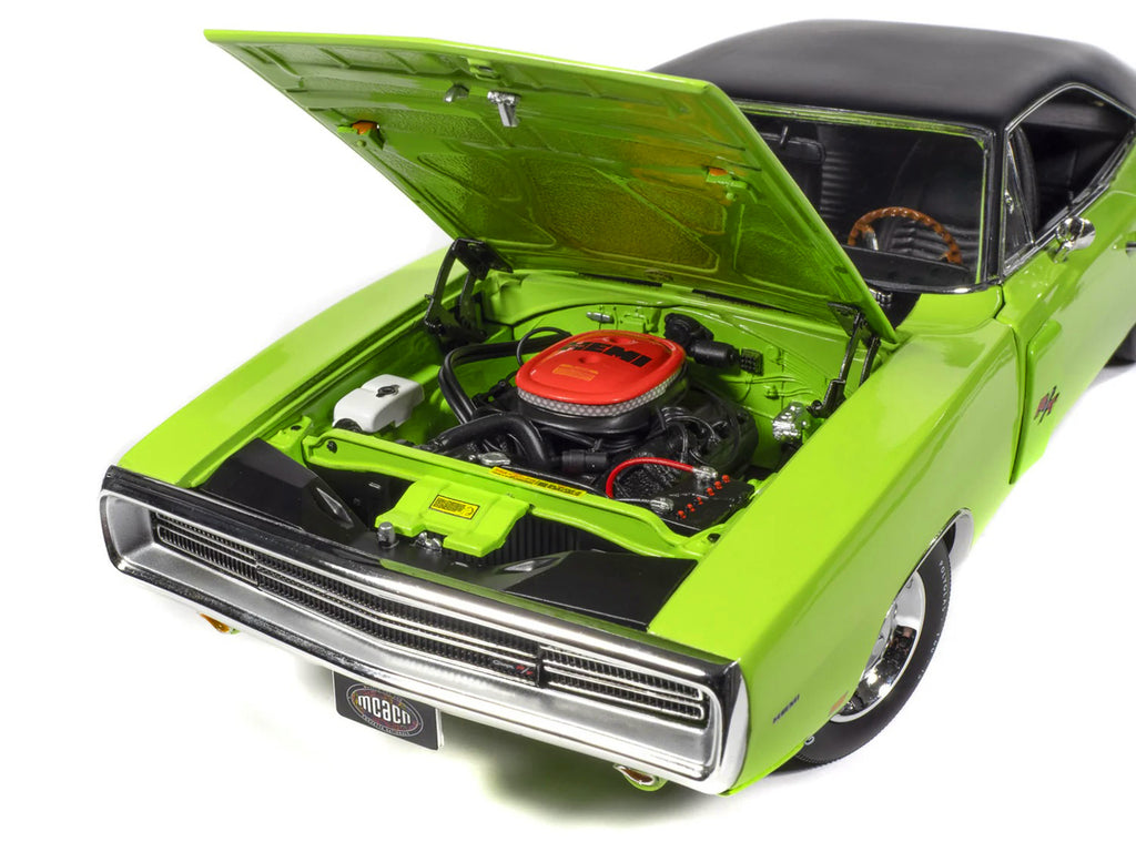1970 Dodge Charger R/T "Muscle Car & Corvette Nationals" (MCACN) Sublime Green with Black Stripes and Black Vinyl Top "American Muscle" Series 1/18 Diecast Model Car by Auto World