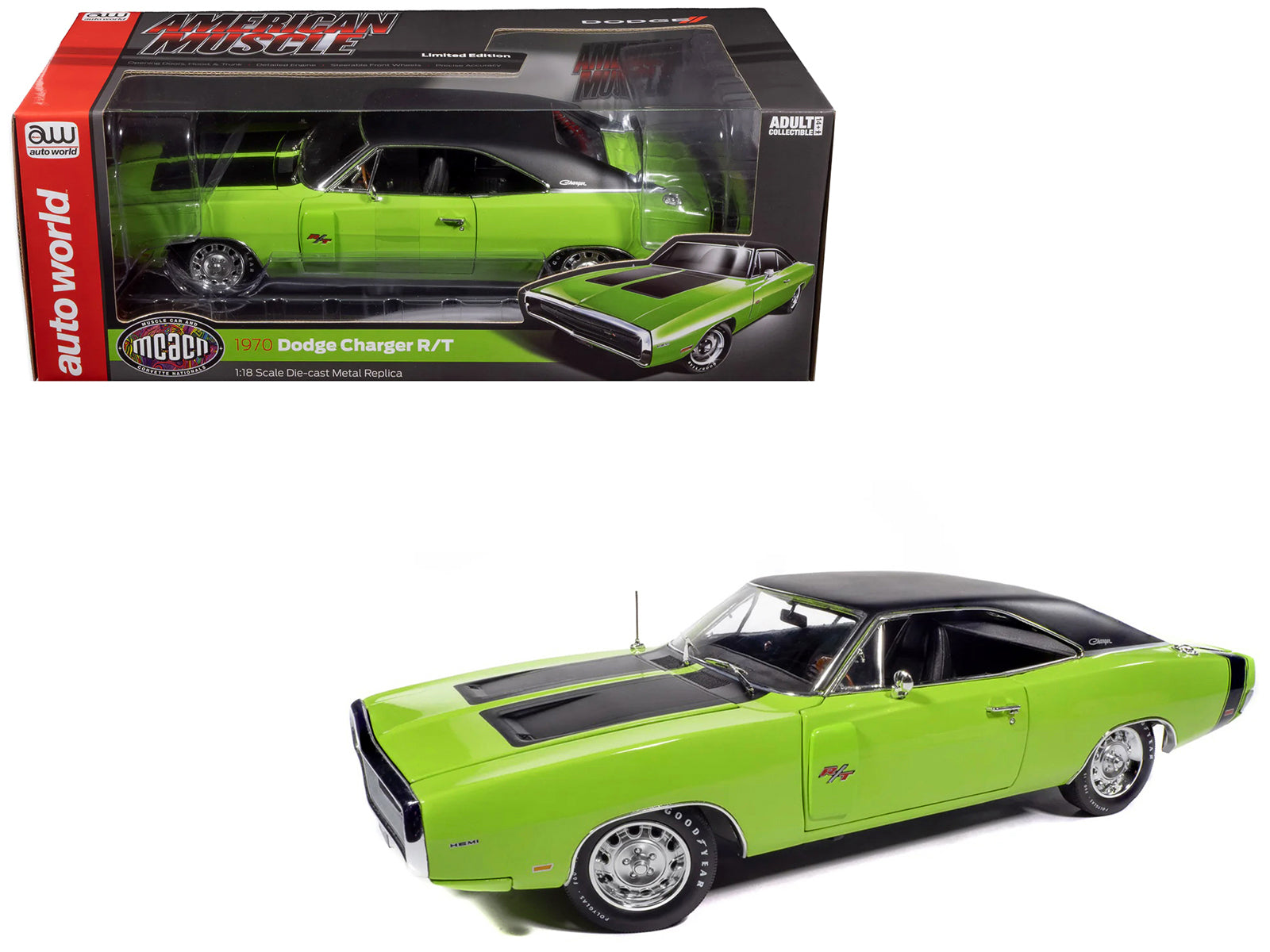 1970 Dodge Charger R/T "Muscle Car & Corvette Nationals" (MCACN) Sublime Green with Black Stripes and Black Vinyl Top "American Muscle" Series 1/18 Diecast Model Car by Auto World