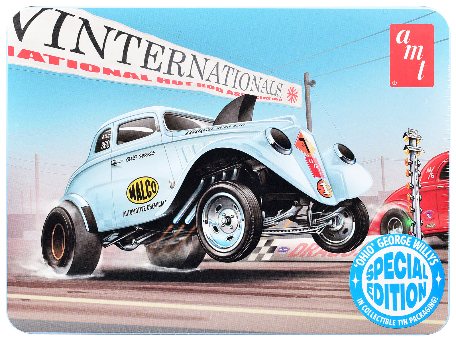 Skill 2 Model Kit 1933 Willys Gasser "Ohio George" with Collectible Tin Packaging 1/25 Scale Model by AMT