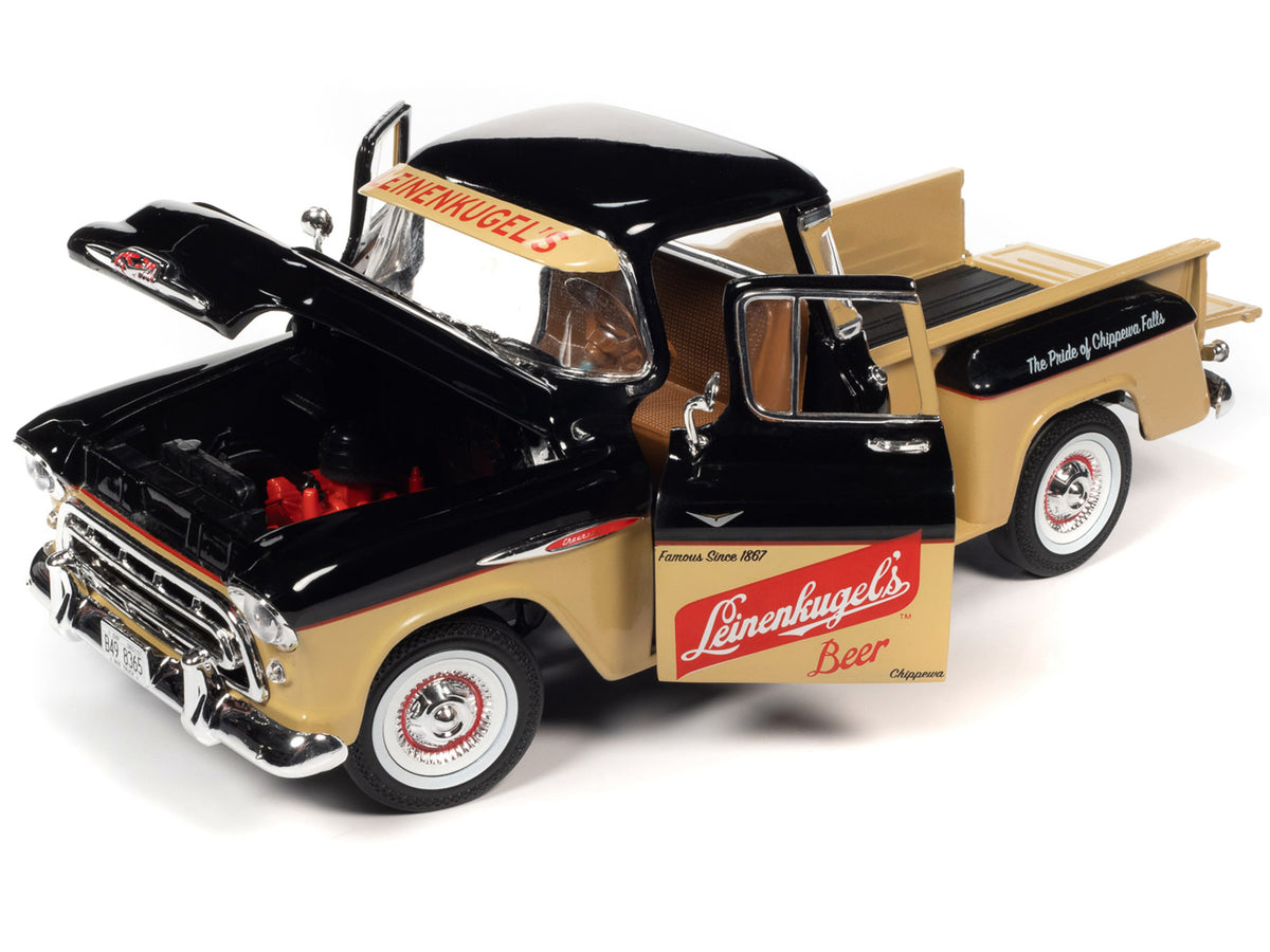 1957 Chevrolet 3100 Stepside Pickup Truck Black and Tan with Graphics "Leinenkugle's Beer The Pride of Chippewa Falls" 1/18 Diecast Model by Auto World - image 2