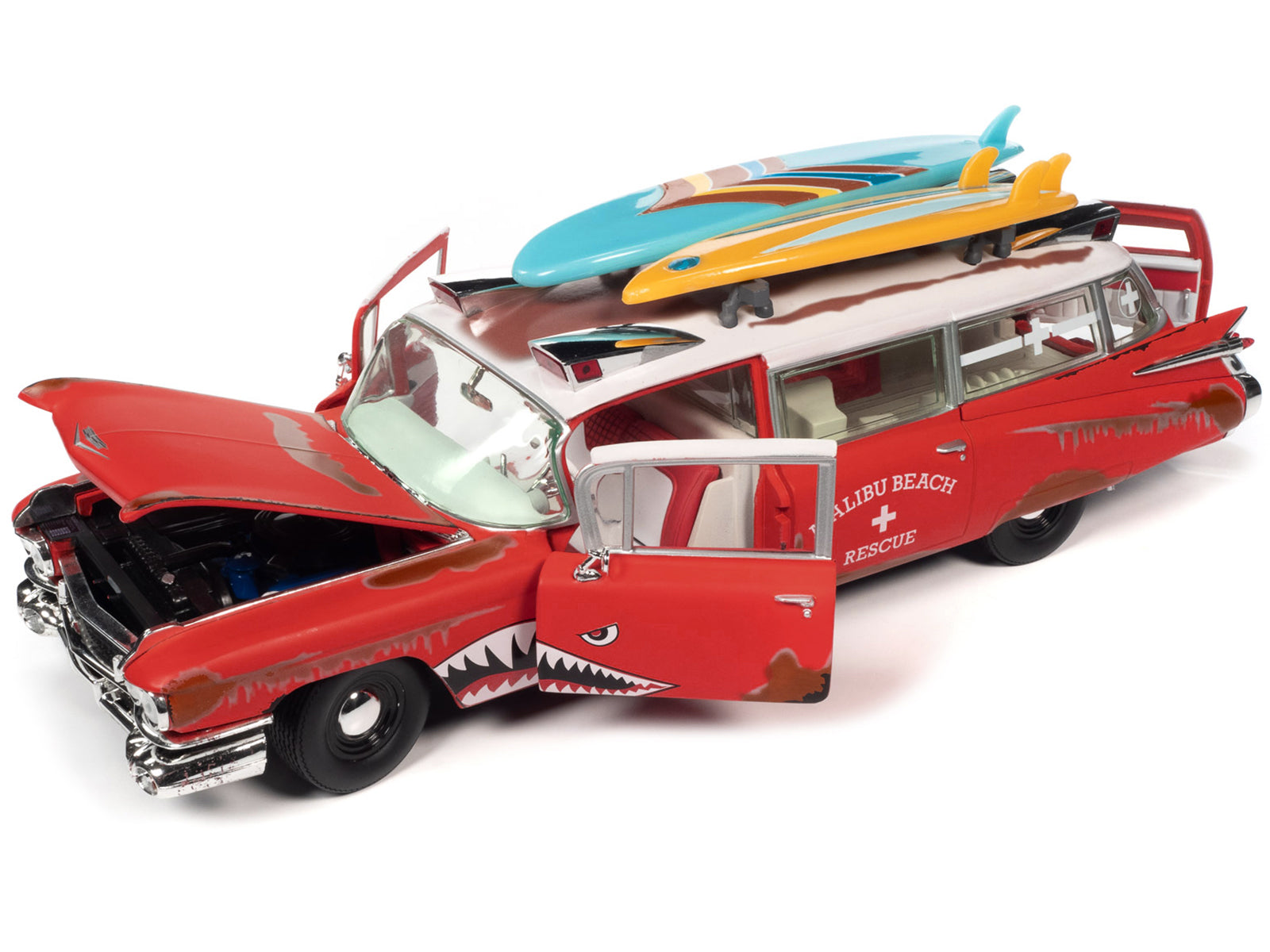 1959 Cadillac Eldorado Ambulance Red with White Top "Malibu Beach Rescue" (Weathered) with Surfboards on Roof "Surf Shark" 1/18 Diecast Model Car by Auto World - image 2