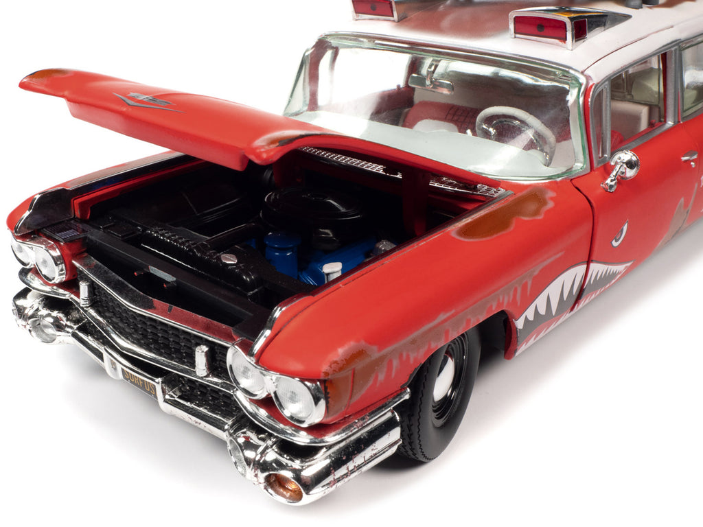 1959 Cadillac Eldorado Ambulance Red with White Top "Malibu Beach Rescue" (Weathered) with Surfboards on Roof "Surf Shark" 1/18 Diecast Model Car by Auto World - image 3