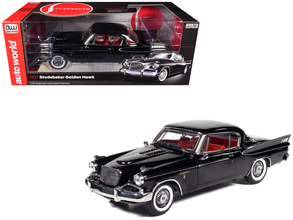 1957 Studebaker Golden Hawk Midnight Black with Red Interior 1/18 Diecast Model by Auto World