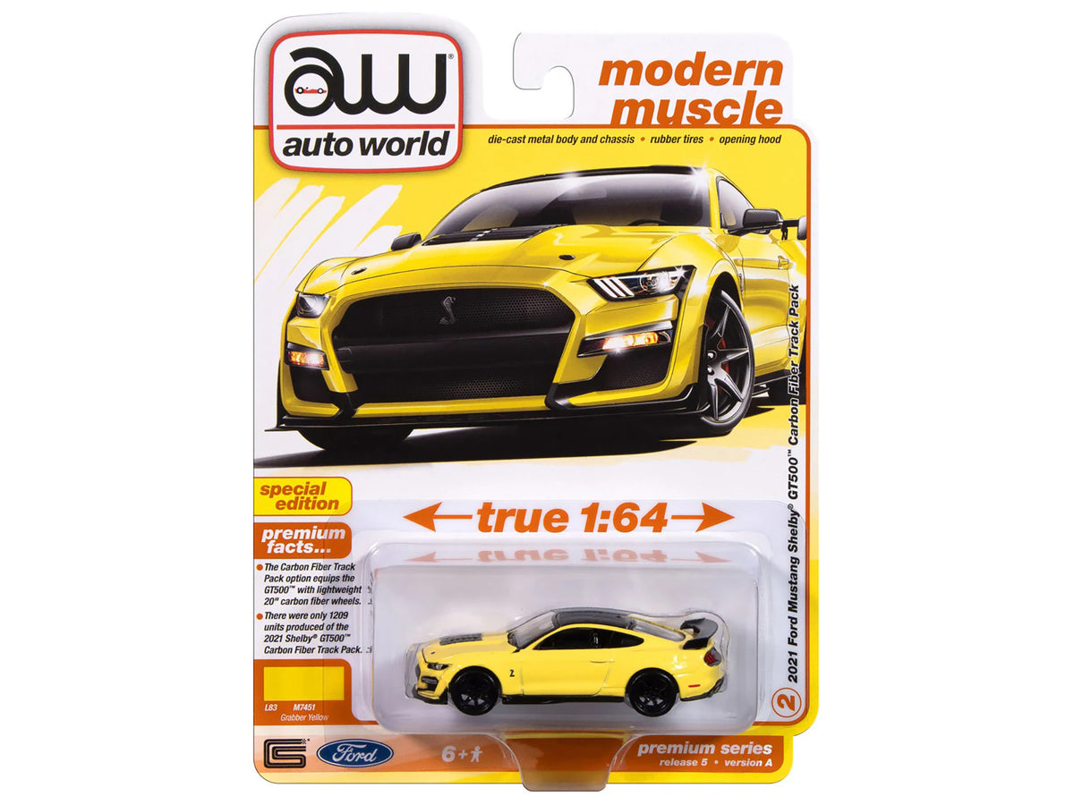 2021 Ford Mustang Shelby GT500 Carbon Fiber Track Pack Grabber Yellow with Black Top "Modern Muscle" Series 1/64 Diecast Model Car by Auto World - image 3