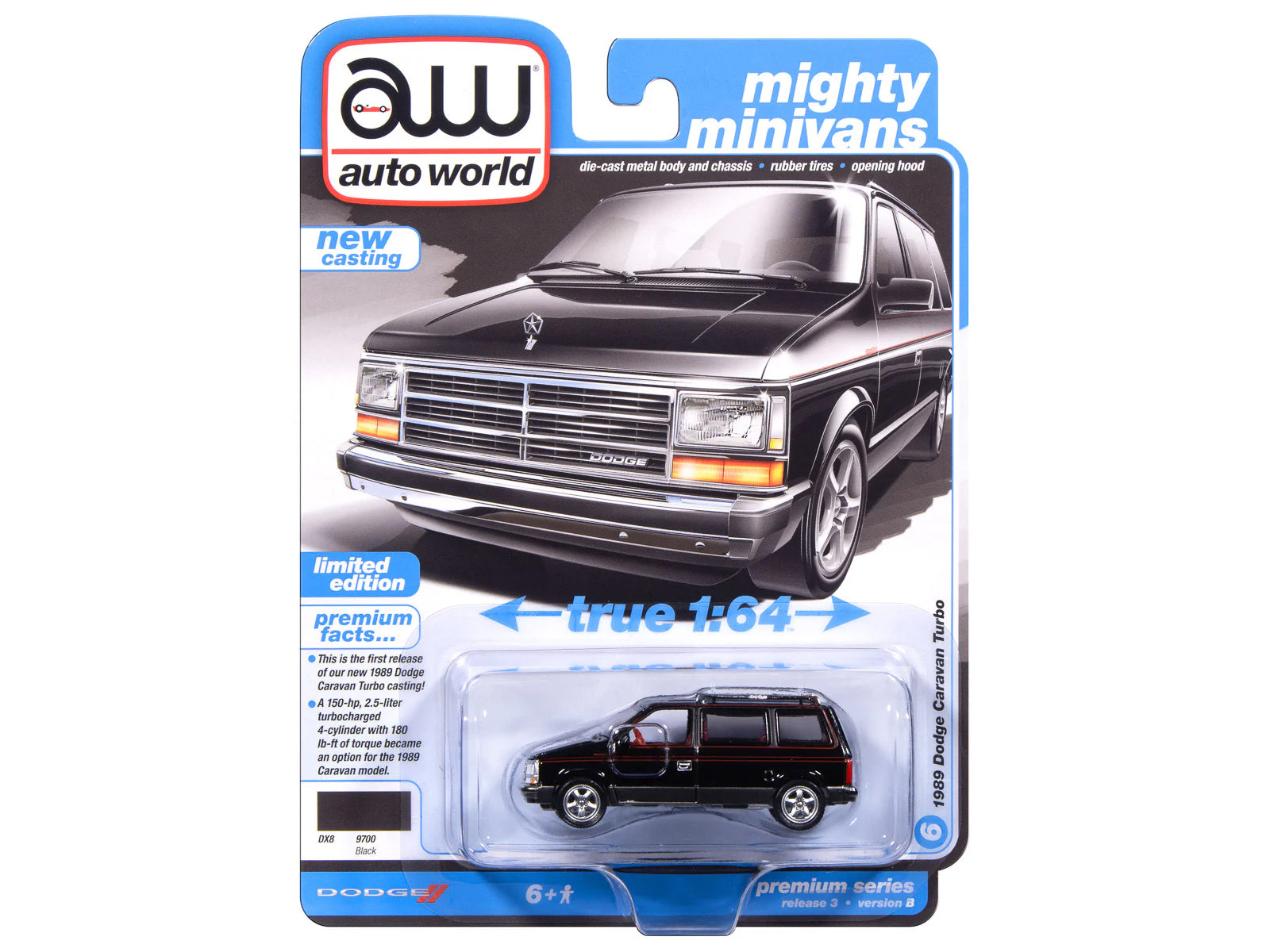 1989 Dodge Caravan Turbo Van Black with Red Stripes and Interior "Mighty Minivans" Series 1/64 Diecast Model Car by Auto World - image 3