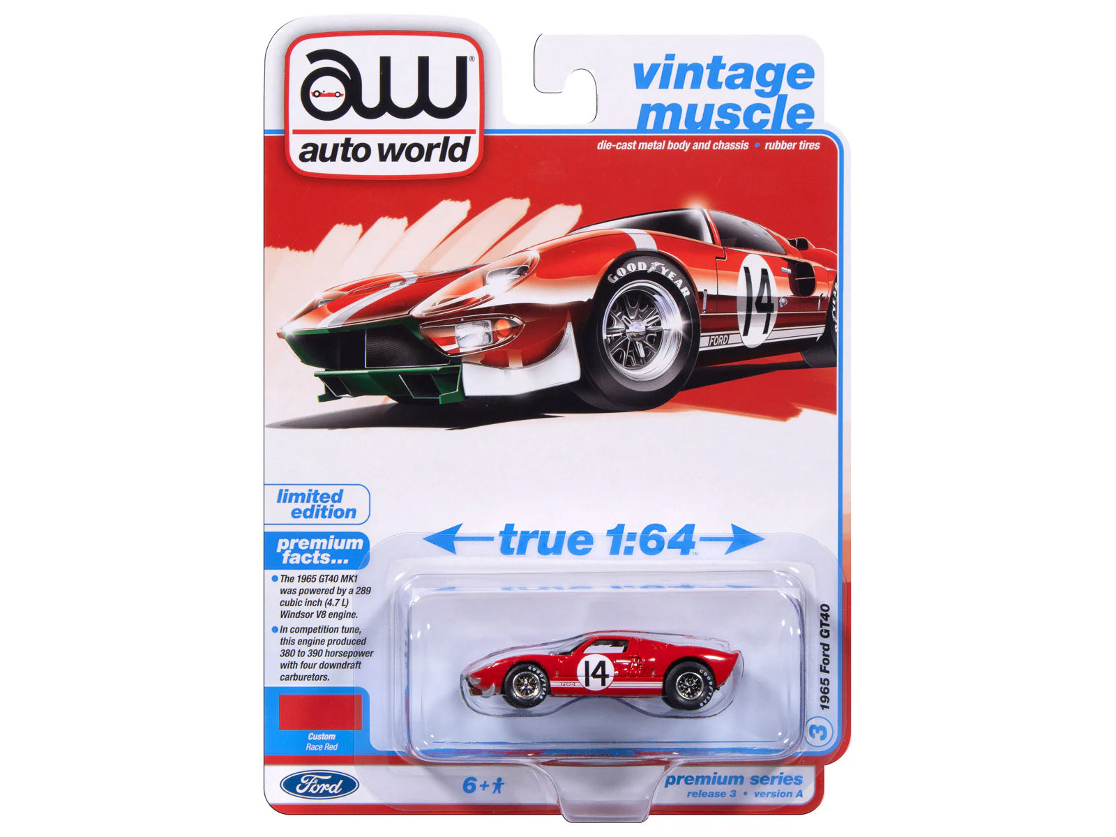 1965 Ford GT40 #14 Red with White Stripes "Vintage Muscle" Series 1/64 Diecast Model Car by Auto World - image 3