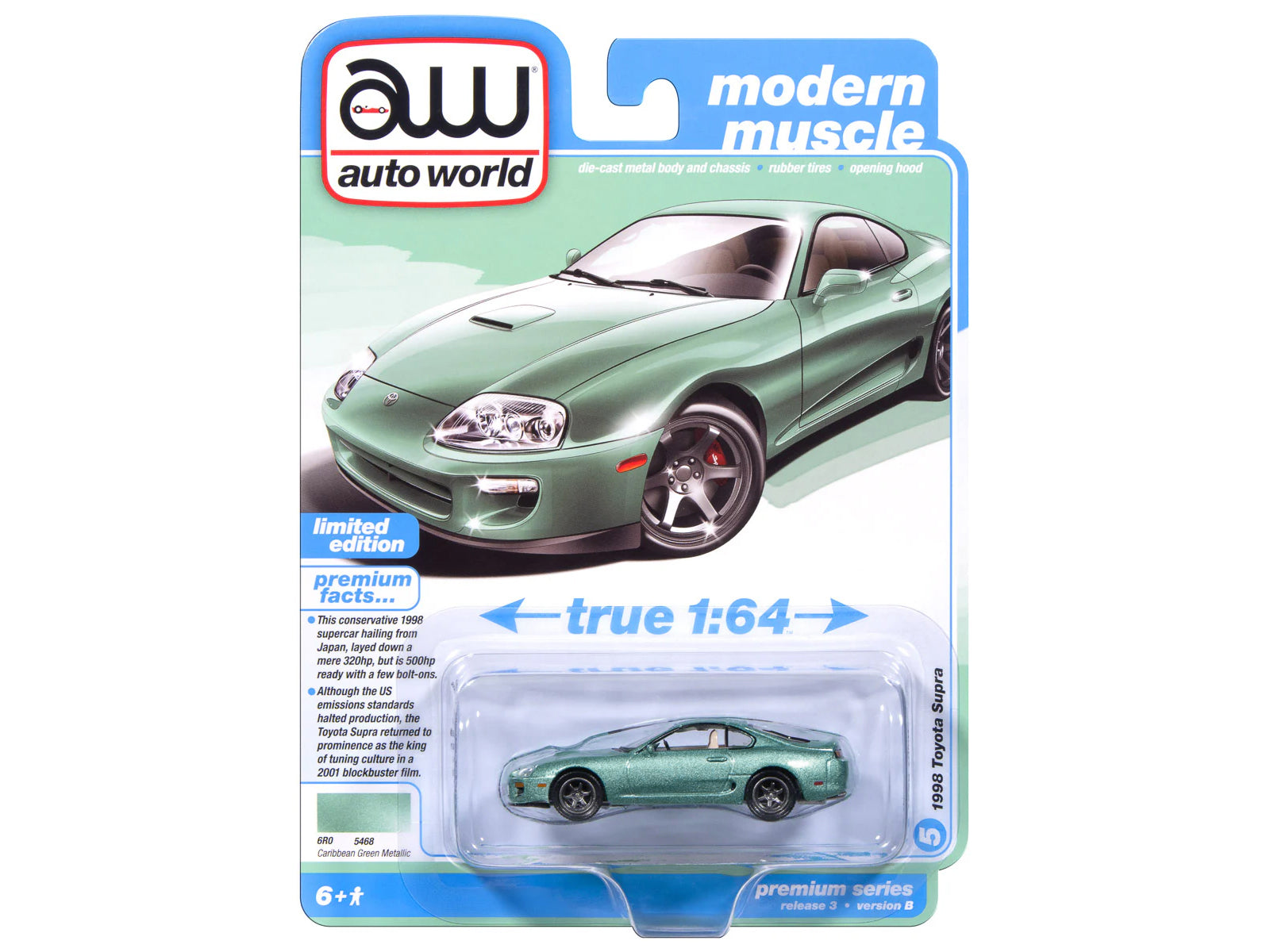 1998 Toyota Supra Caribbean Green Metallic "Modern Muscle" Series 1/64 Diecast Model Car by Auto World - image 3