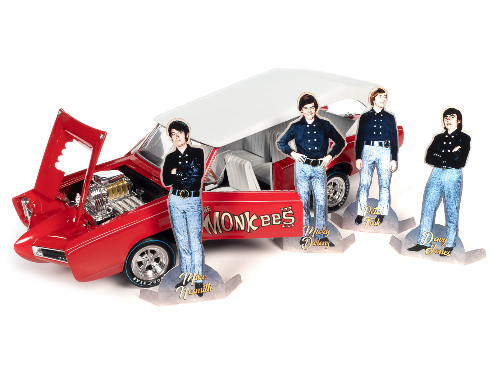 Monkeemobile Red with White Top and Interior "The Monkees" with Four Monkees Figure Cutouts "Silver Screen Machines" Series 1/18 Diecast Model Car by Auto World - image 3