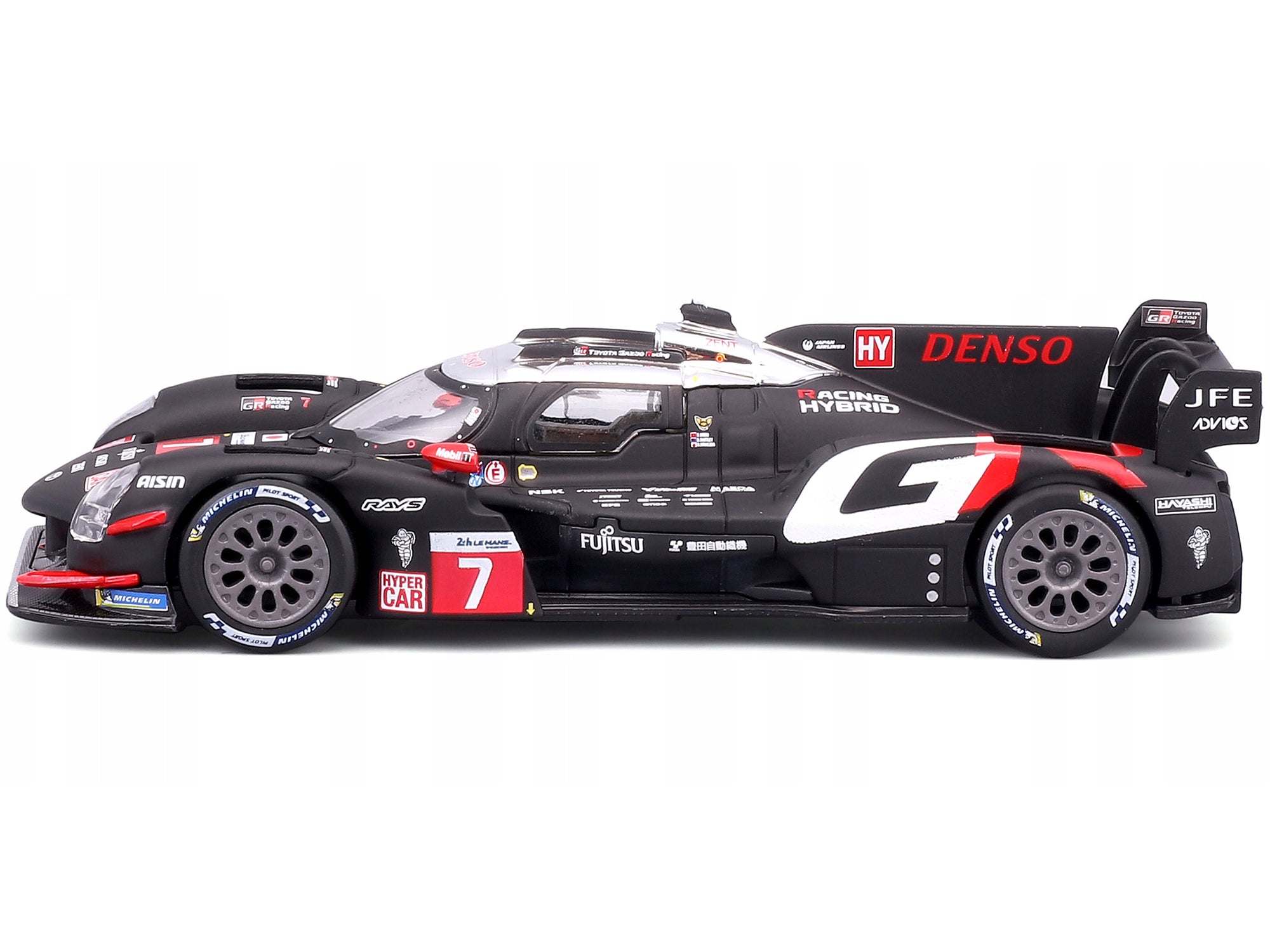 Toyota GR010 Hybrid #7 Kamui Kobayashi - Jose Maria Lopez - Nyck de Vries "Toyota Gazoo Racing" 2nd Place "24 Hours of Le Mans" (2024) "Race" Series 1/43 Diecast Model Car by Bburago