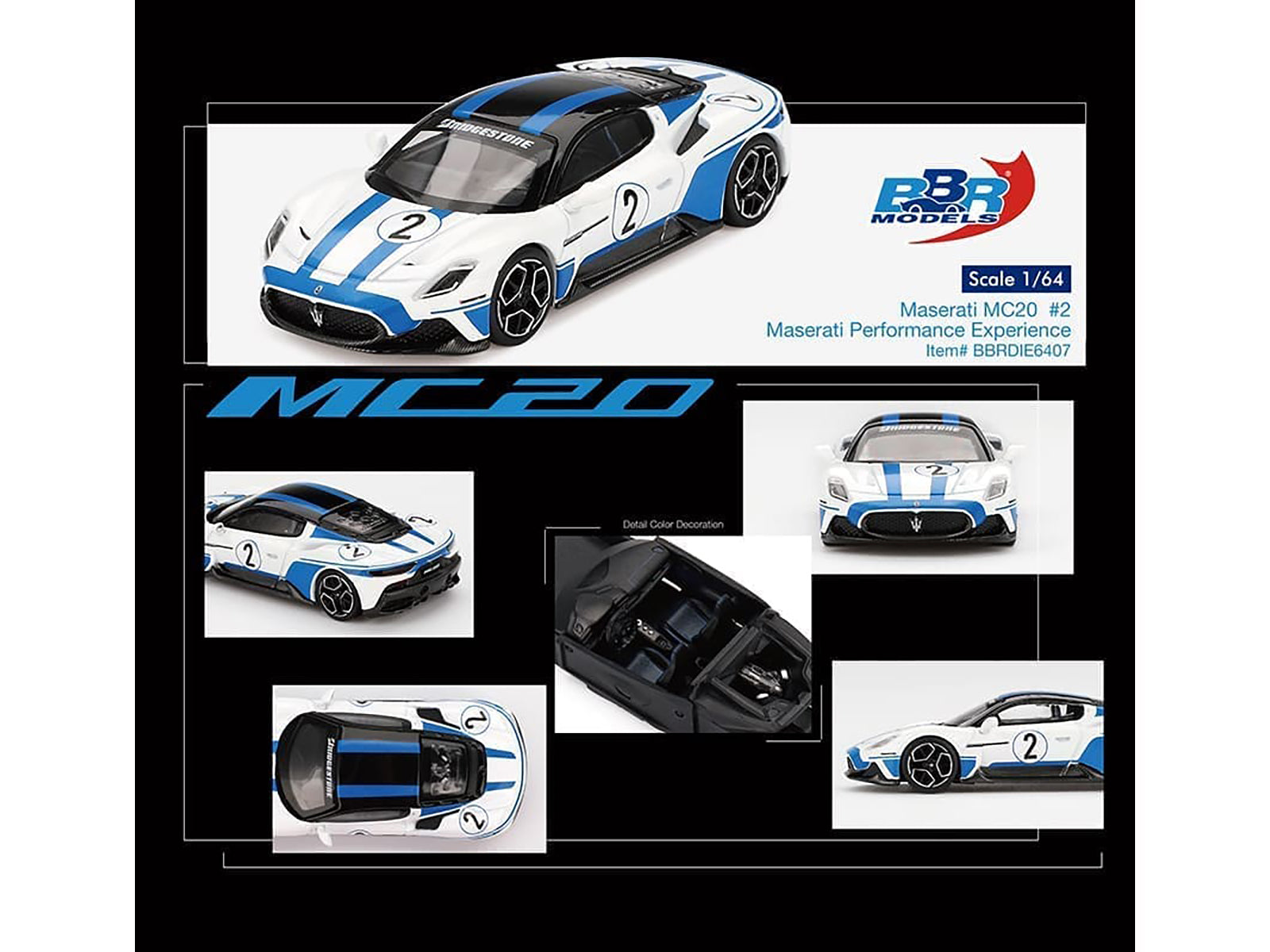 Maserati MC20 #2 White with Blue Stripes and Black Top "Maserati Performance Experience" 1/64 Diecast Model Car by BBR - image 3