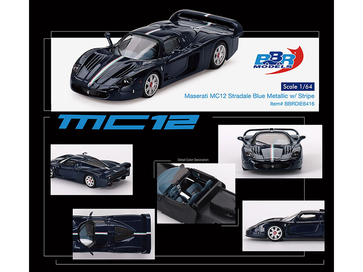Maserati MC12 Stradale Blue Metallic with White Stripe 1/64 Diecast Model Car by BBR - image 3
