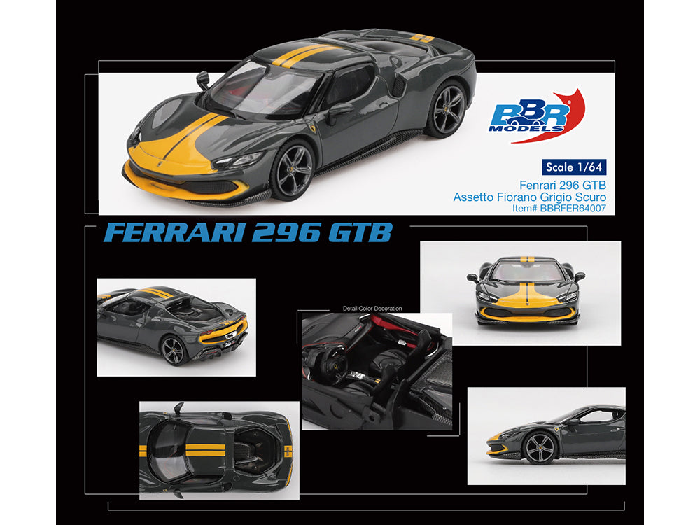 Ferrari 296 GTB Assetto Fiorano Grigio Scuro (Dark Gray) with Yellow Stripes 1/64 Diecast Model Car by BBR - image 4