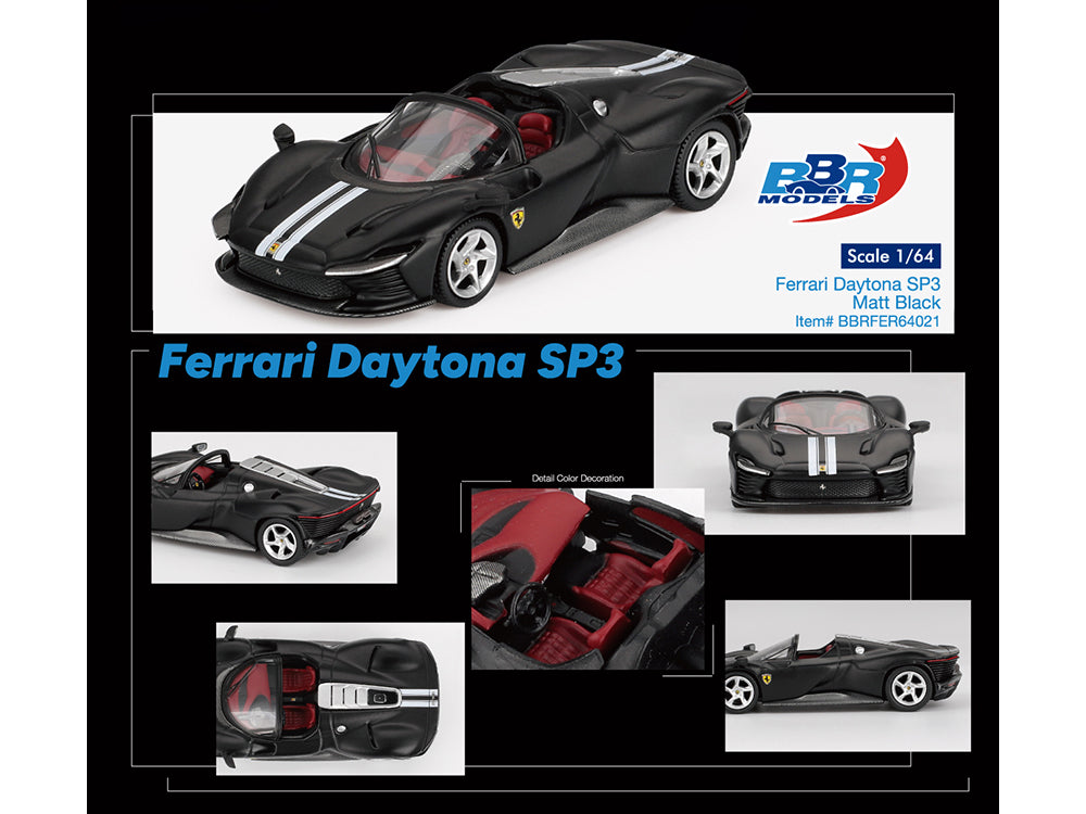 Ferrari Daytona SP3 Matt Black with White Stripes and Red Interior 1/64 Diecast Model Car by BBR - image 4