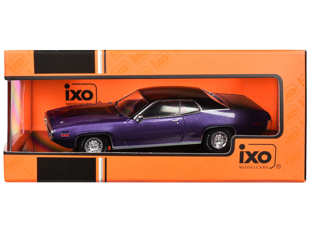 1971 Plymouth GTX Purple Metallic with Black Vinyl Top and Black Hood Stripe 1/43 Diecast Model Car by IXO Models