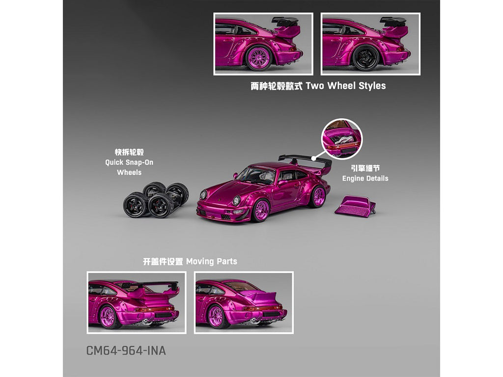 Porsche 964 Widebody Hot Pink Metallic with Extra Wheels and Wing 1/64 Diecast Model Car by CM Model - image 2