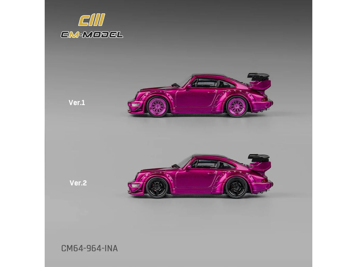 Porsche 964 Widebody Hot Pink Metallic with Extra Wheels and Wing 1/64 Diecast Model Car by CM Model - image 3