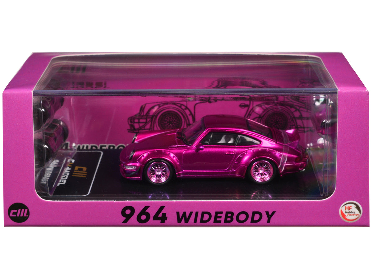 Porsche 964 Widebody Hot Pink Metallic with Extra Wheels and Wing 1/64 Diecast Model Car by CM Model