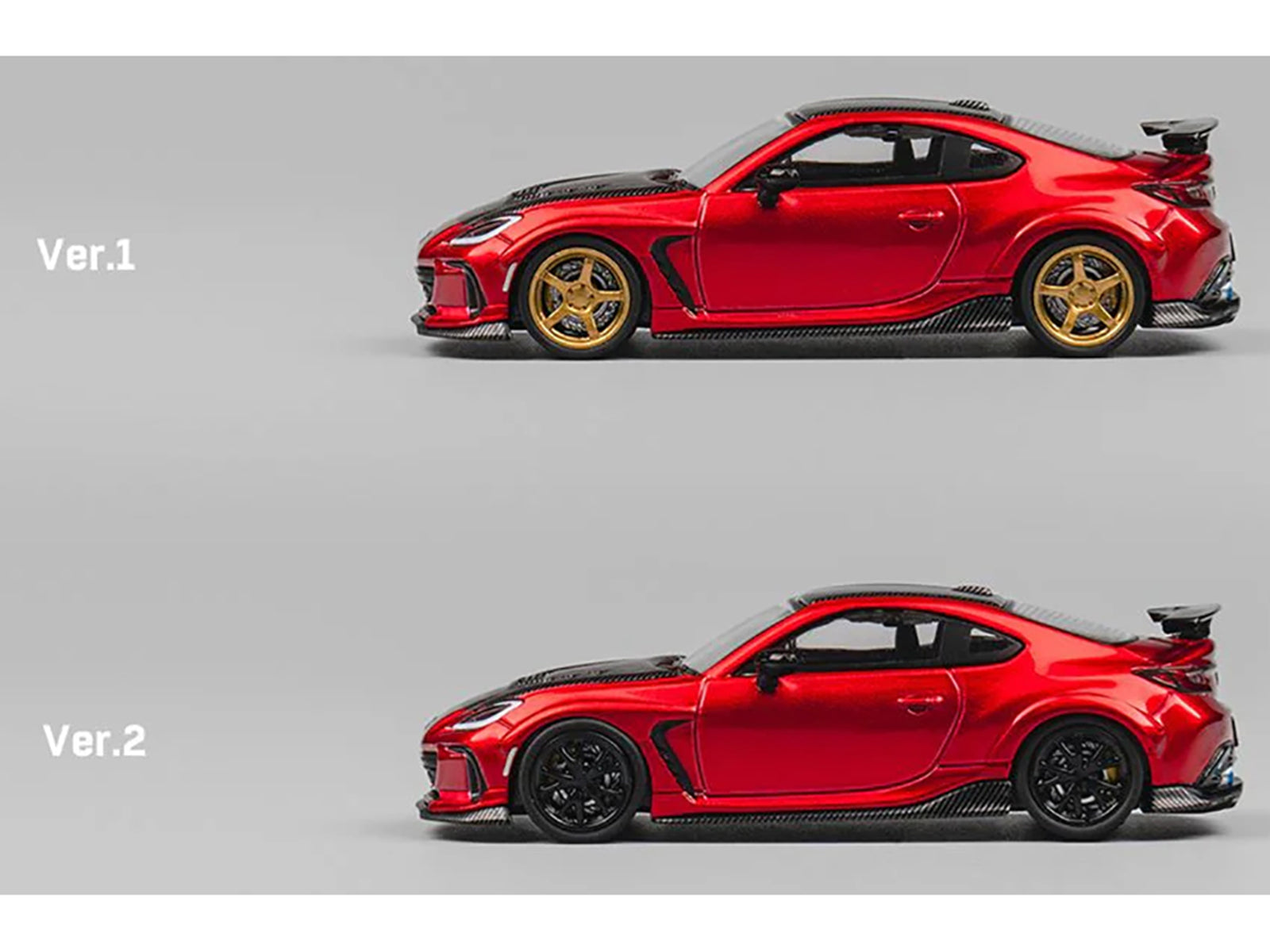 Subaru BRZ Varis Arising-1 RHD (Right Hand Drive) Red Metallic with Carbon Hood and Top and Extra Wheels 1/64 Diecast Model Car by CM Model - image 3