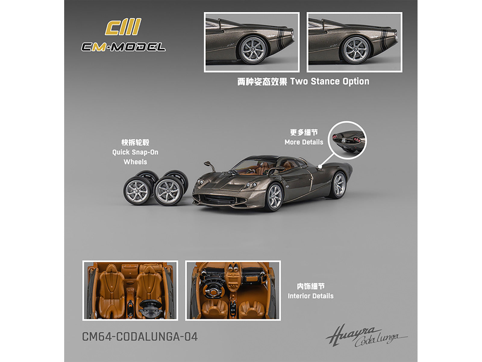 Pagani Huayra Codalunga Gun Metal Gray Metallic with Sunroof and Extra Wheels 1/64 Diecast Model Car by CM Model - image 3