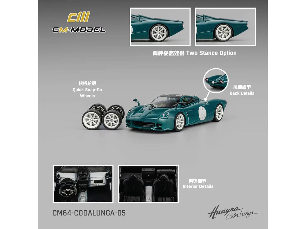Pagani Huayra Codalunga Green with Sunroof and Extra Wheels 1/64 Diecast Model Car by CM Model - image 5