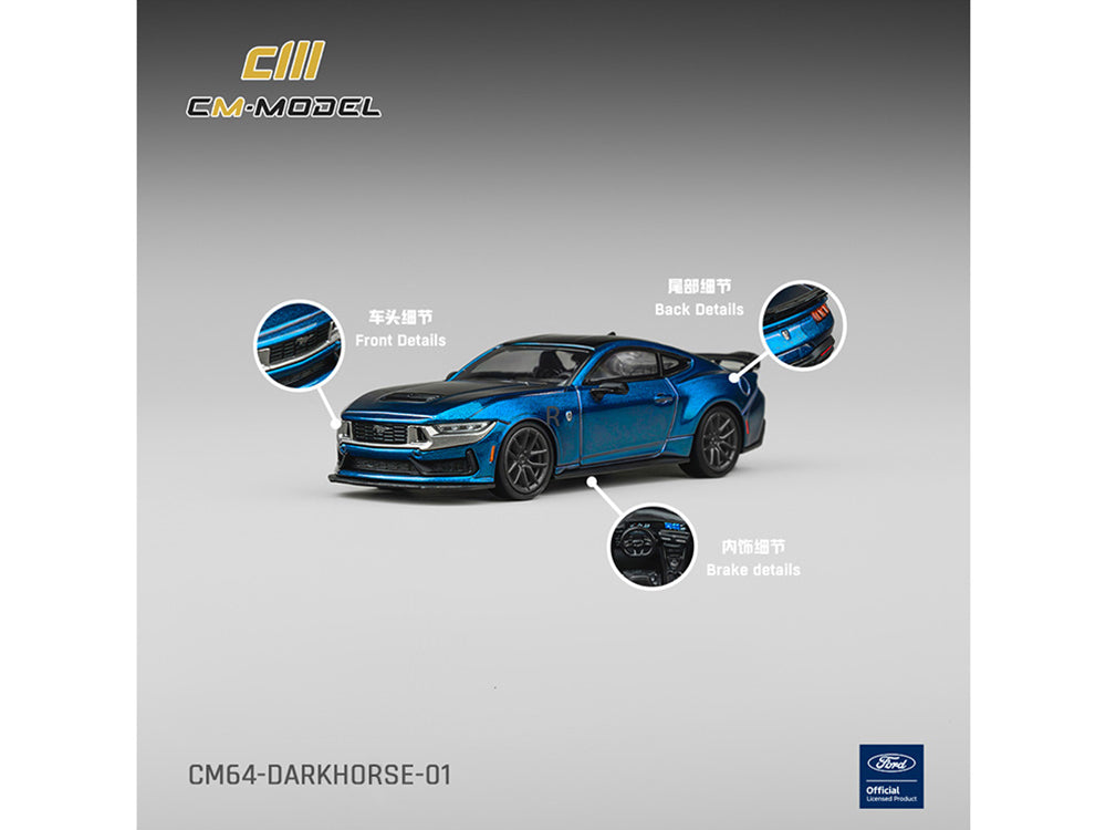 Ford Mustang Dark Horse Blue Metallic with Matt Black Hood and Black Top 1/64 Diecast Model Car by CM Models - image 3