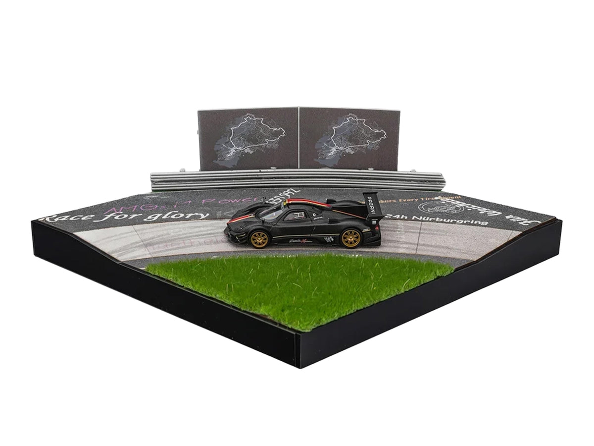 Nurburgring Diorama Set with Pagani Zonda Revolucion Carbon with Red and Gold Stripes and Extra Wheels 1/64 Diecast Model Car by CM Model - image 3
