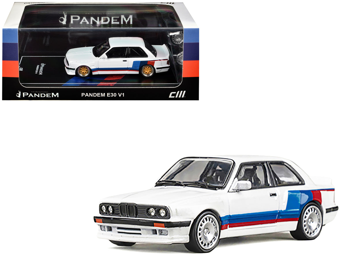 Pandem E30 V1 White with Stripes and Extra Wheels 1/64 Diecast Model Car by CM Models