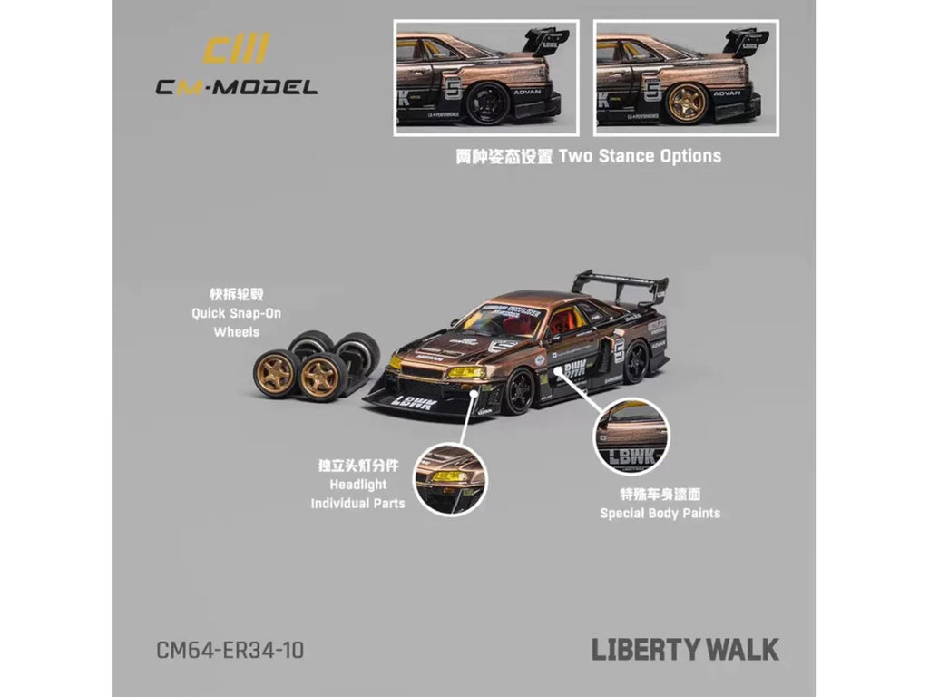 Nissan Skyline LB-ER34 "Super Silhouette" RHD (Right Hand Drive) #5 Brushed Bronze and Black with Extra Wheels 1/64 Diecast Model Car by CM Model - image 3