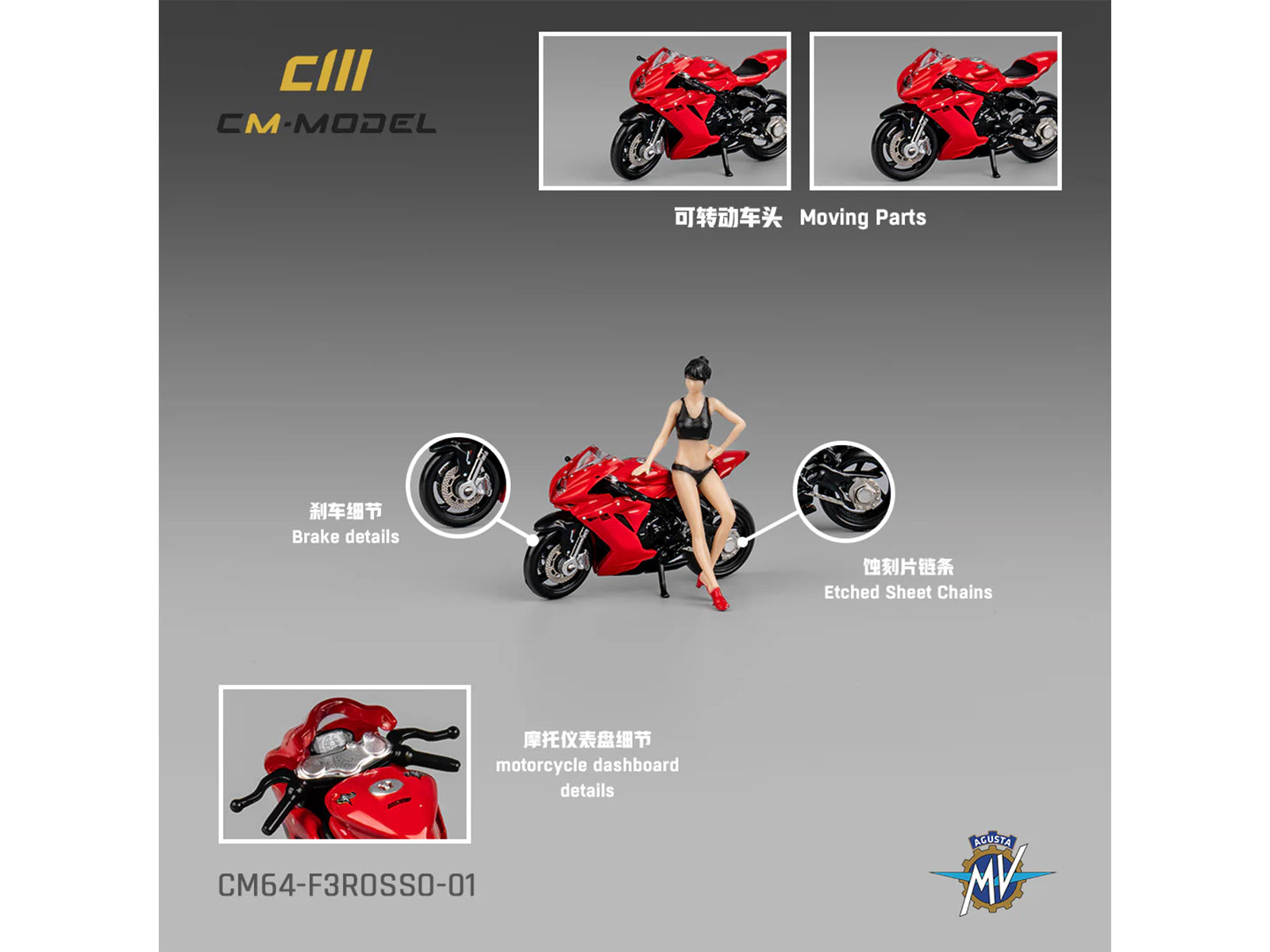 2022 MV Agusta F3 Rosso Motorcycle Red with Figure 1/64 Diecast Model by CM Model - image 3